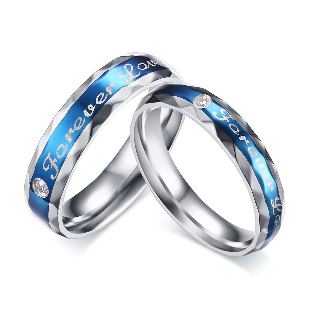 Bleu Pour Toujours Amour Acier au Titane Coupe Ronde Gemme Bague de Promesse pour les Couples