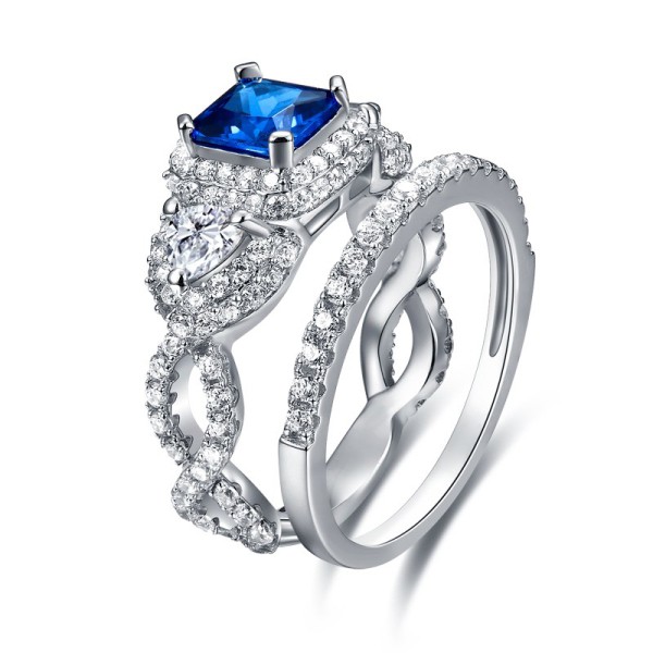 Coupe Princesse 925 Argent Sterling Saphir Bleu Ensembles de Bague de Mariage Femme