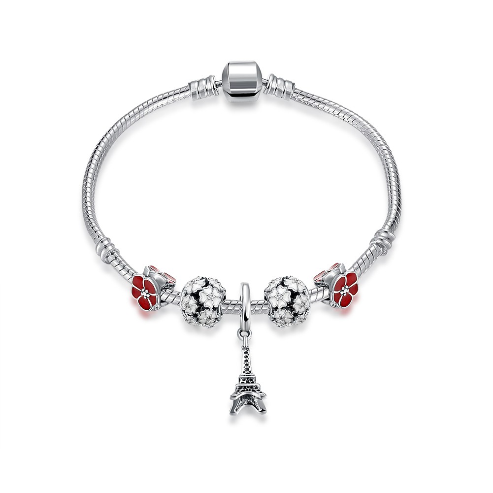 Rouge et Blanc Petals Tour Eiffel Pendant S925 Argent Bracelets