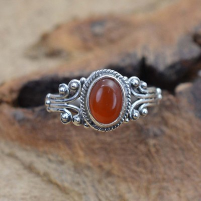 Solitaire Coupe Ovale 925 Argent Sterling Carnelian Ring