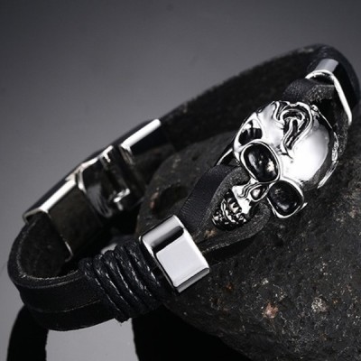 Noir CuirCrâne 925 Argent Sterling Bracelet