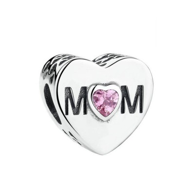 Mom with Rose Stone Breloque Argent Sterling