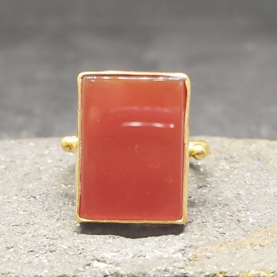 Solitaire Coupe rectangulaire 925 Argent Sterling Or Carnelian Ring