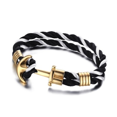Noir et Blanc Braided Rope Or Anchor 925 Argent Sterling Bracelet
